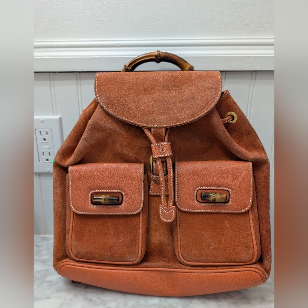 Gucci Vintage Bamboo Suede Leather Backpack Brown 003 2058 0016